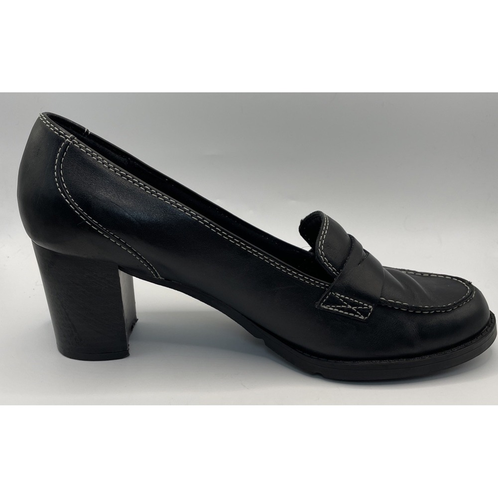 Bass Plaza Y2K Black Leather Penny Loafer Block Heel Pumps Contrast Stitch 9.5 M - Picture 7 of 8